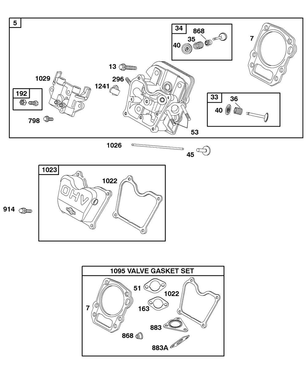 Cylinder Head, Gasket Set-Valve, Valves Diagram and Parts List for 86432-0136-E1  Briggs and Stratton Engine